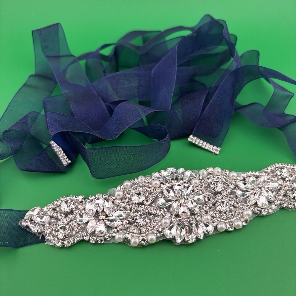 Luxury Crystal Bridal Belt Navy Blue Organza Sash Rhinestone Pearl Wedding Dress